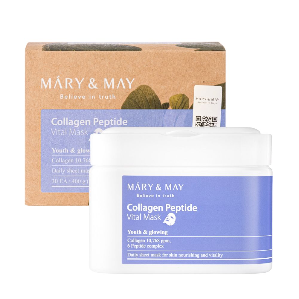 Sheet masks with with collagen, six types of peptides and adenosine – box of 30 pcs. Mary&May Collagen Peptide Vital mask