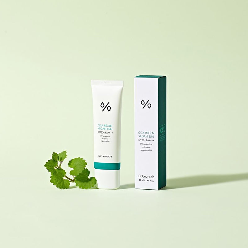 Успокояващ и хидратиращ слънцезащитен крем Dr. Ceuracle Cica Regen Vegan Sun SPF50+ PA++++