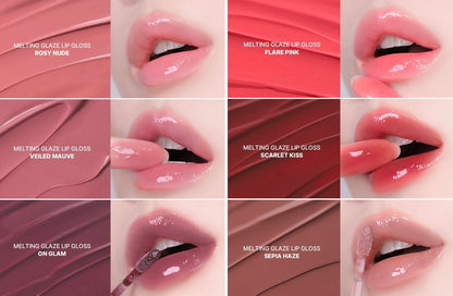 Various swatches of HUEMI Melting Glaze Lip Gloss shades, including 01 Rosy Nude