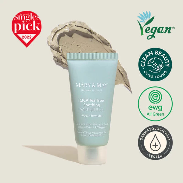 Успокояваща глинена маска за лице с центела Mary & May CICA Tea Tree Soothing Wash off Pack 30g